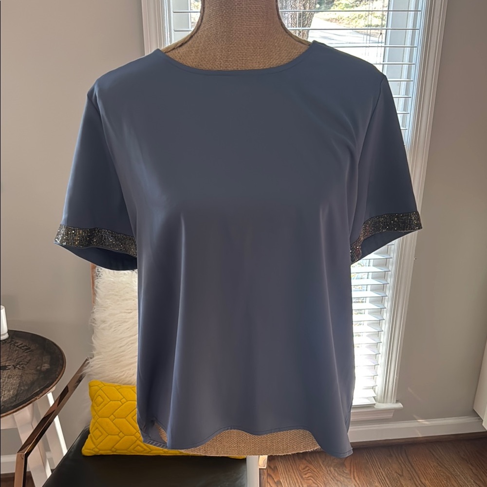 Elegant Blue Women's Top with Glitter Trim